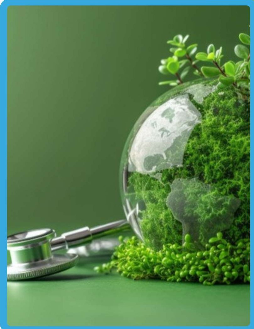 Stethoscope and green living sphere illustrating environmental health and sanitation protection